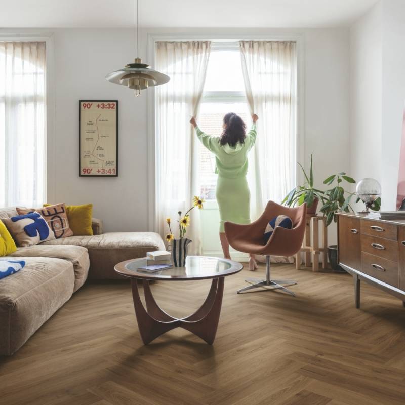 Panele winylowe SPC LVT z podkładem Jodełka Dąb Karmel Bo