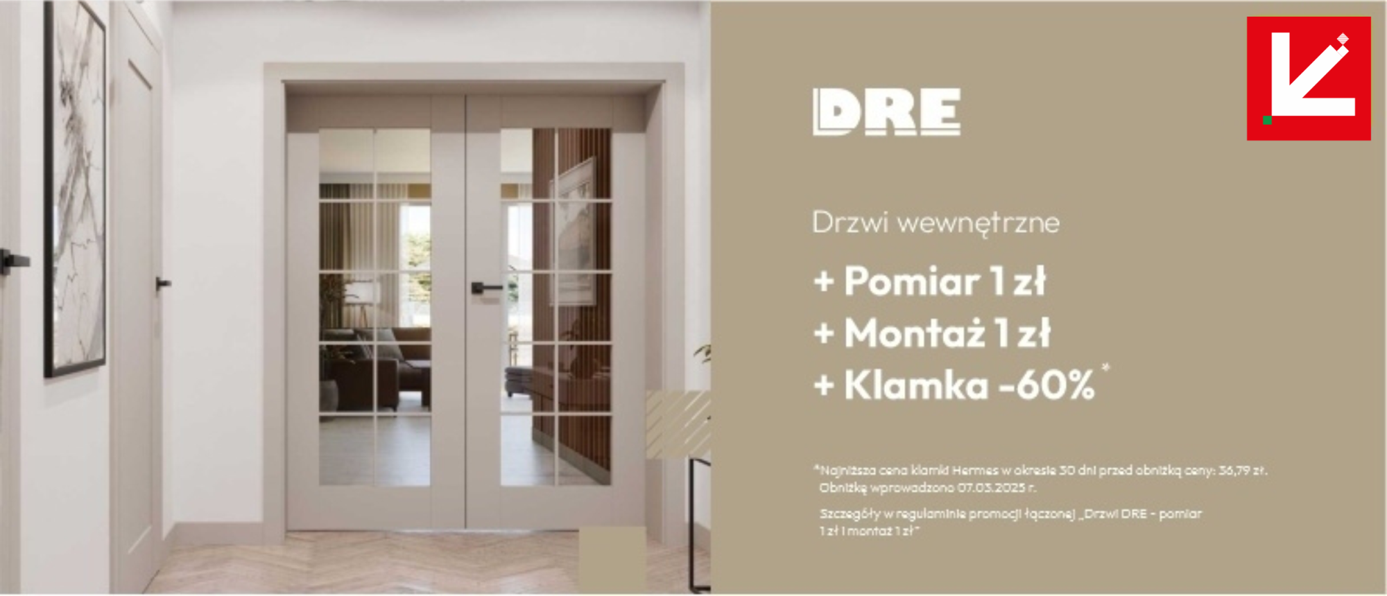 Super oferta drzwi DRE + pomiar 1zł + montaż 1zł + klamka